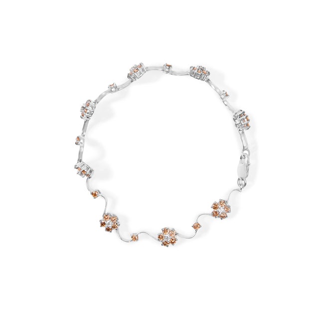 Contemporary 10K White Gold 4.0 Cttw Champagne and White Diamond Floral Cluster and Station Link Bracelet (H-I Color, SI2-I1 Clarity) - 7" Inches For Sale - Image 3 of 6