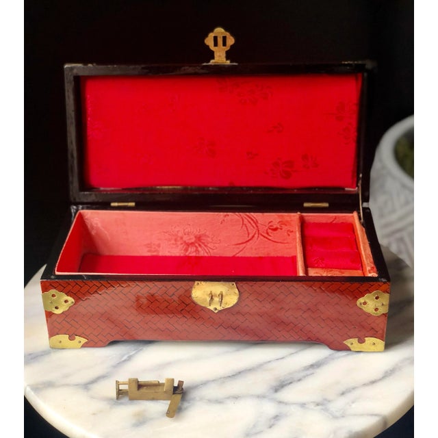 Late 20th Century Asian Herringbone Campaign Keepsake Box, LockAndKey