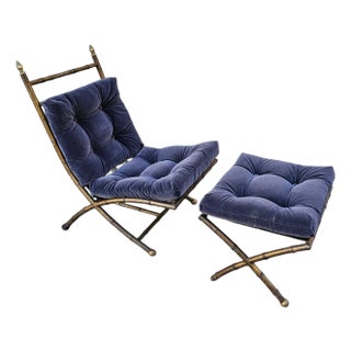 Vintage Italian Maison Jansen Style Faux Bamboo Iron Scissor Chair and Ottoman, Newly Reupholstered For Sale