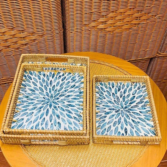 Set of Three Rattan Blue Mother-of-Pearl Inlaid Trays For Sale - Image 4 of 4