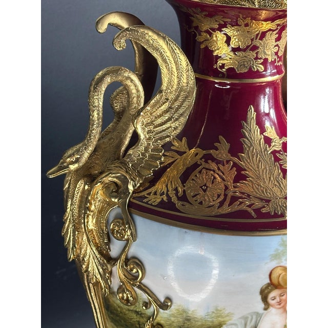 Red Vintage French Rococo Style Hand-Painted Porcelain Vase with Swan Handles and Gilded Details from Retier, 1920s For Sale - Image 8 of 11
