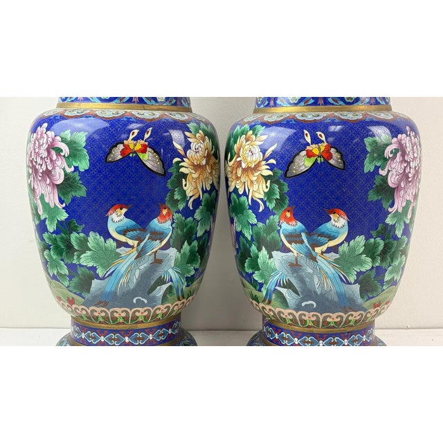 Metal Pair of Chinese Cloisonne Enamel Vases Gold Floral Scrolls For Sale - Image 7 of 13