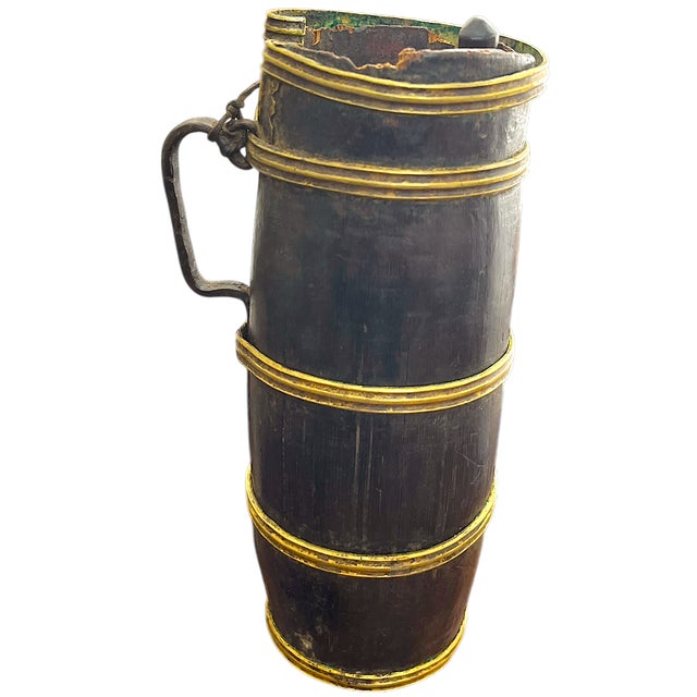 Ralph Lauren Antique Stave-Built Wooden Flagon / Tankard With Iron Handle – Primitive Folk Art Vessel For Sale - Image 4 of 10