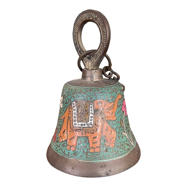 Vintage Brass Toned Hanging Bell With Hand-Painted Elephant and Floral Motifs, India For Sale