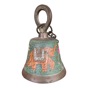 Vintage Brass Toned Hanging Bell With Hand-Painted Elephant and Floral Motifs, India