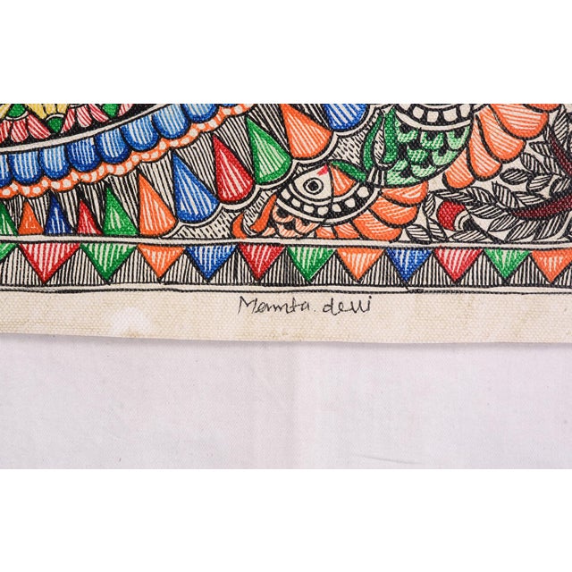 Folk Art Mamta Devi, 2016 National Award-Winning Artist – Hand-Painted Madhubani Matsya Mandala (The Cosmic Fish Circle) Folk Painting on Canvas For Sale - Image 3 of 4