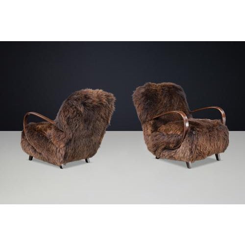 Wood Dutch Lounge Chairs in Dark Sheepskin from Jindřich Halabala, 1940s, Set of 2 For Sale - Image 7 of 18