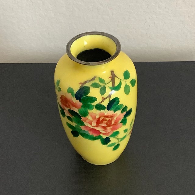 Asian Yellow Cloisonne Enamel Rose Metal Vase For Sale - Image 13 of 13