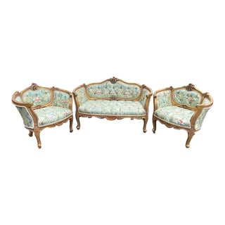 Late 20th Century French Louis XVI Corbeille Sofa Set in Pistachio Damask and Gold Beech- 3 Pieces For Sale