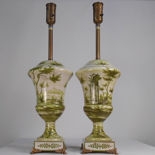 Early Marbro Urn Lamps With Green Painted Roman Ruins - a Pair For Sale - Image 13 of 13