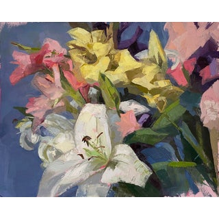 Surge by Yana Beylinson | Oil on Paper, mounted on board Floral arrangement with lilies and orchids For Sale