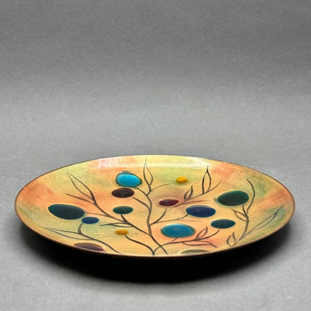 Mid-Century Modern Vintage Hilary “Tree of Life” Enamel on Copper Plate With Glass Cabochons For Sale - Image 3 of 8