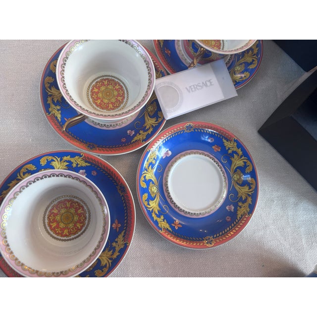 Blue Set of 4 Rosenthal Versace Primavera Tea Cup and Saucers For Sale - Image 8 of 9