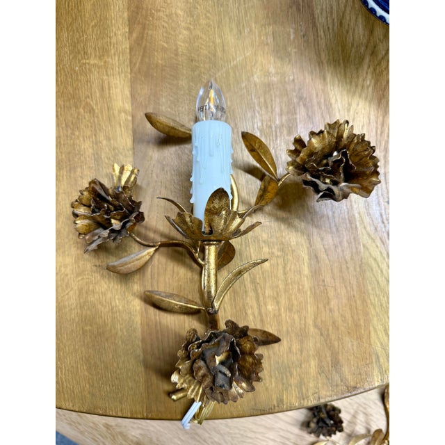 Antique French Tole Floral Wall Sconces, Gilt Iron, Rewired (1 Double, 2 Single) - Set of 3 For Sale In Columbia, SC - Image 6 of 8