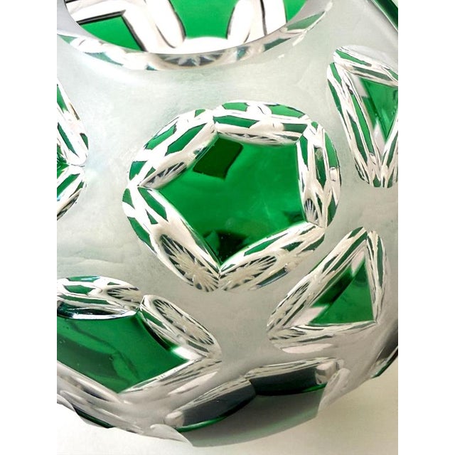 Bohemian Emerald Green Lead Crystal Vase with Hand-Cut Faceted Decorations, 1960s For Sale - Image 6 of 14