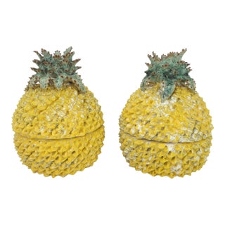 Currey & Company Ceramic Pottery Pineapple Canisters Centerpieces, a Pair For Sale