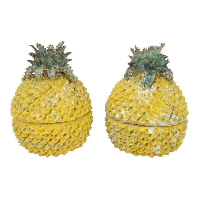 Currey & Company Ceramic Pottery Pineapple Canisters Centerpieces, a Pair For Sale