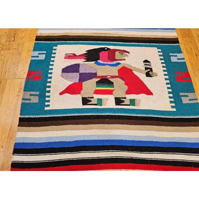 Vintage Southwestern Pictorial Kilim Rug, Handwoven Aztec Design, Blue & Ivory, 4x8 For Sale - Image 4 of 8