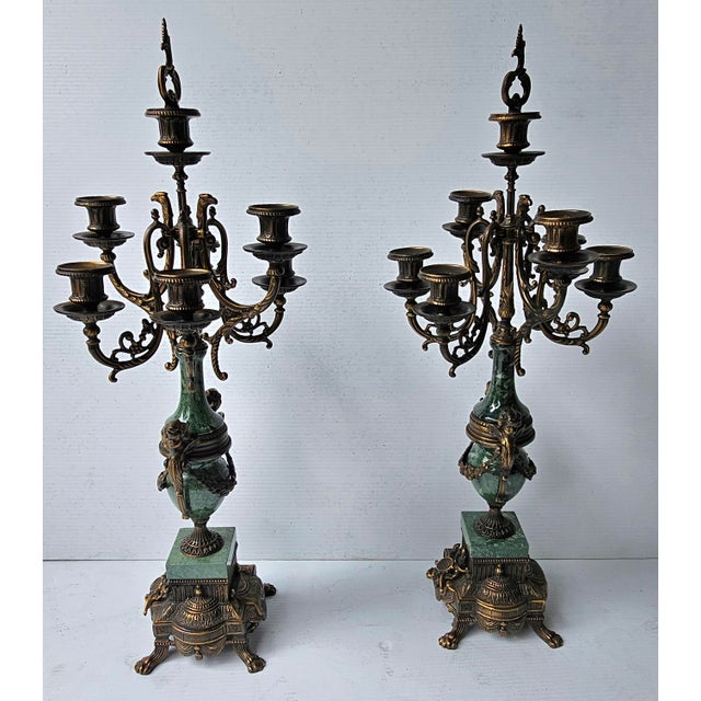Traditional Pair of Mid 20th Century Empire Patinated and Green Marble Urn Form 7-Light Candelabra For Sale - Image 3 of 9
