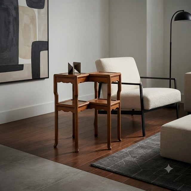 Oriental Two Tier Double Rhombus Light Brown Side Table Stand For Sale - Image 4 of 10