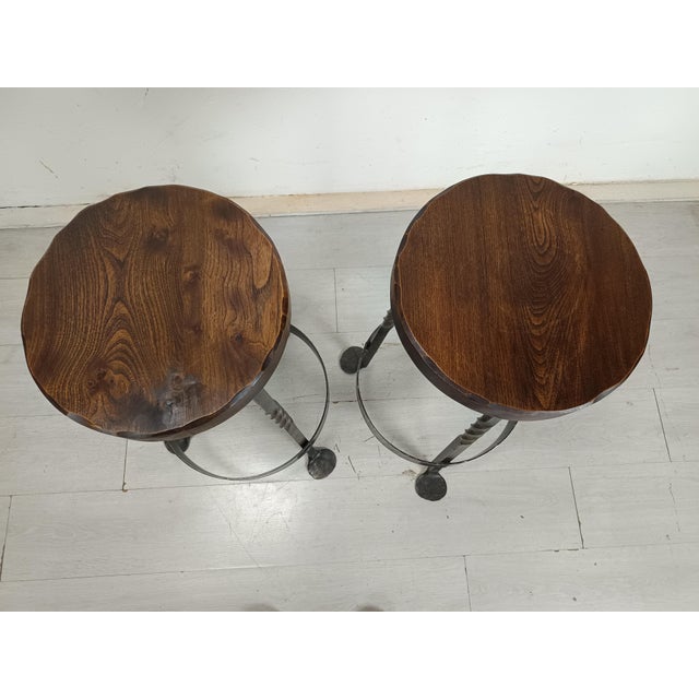 1950s Brutalist Bar Stools in Elm and Wrought Iron, 1950s, Set of 2 For Sale - Image 5 of 14