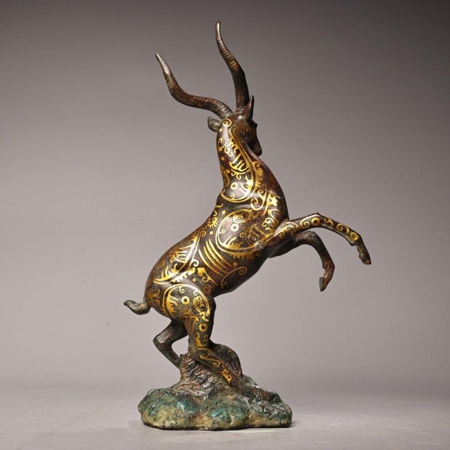 1990s Chinese Gilt Bronze Ibex / Ram Sculpture - 13" Tall For Sale - Image 5 of 10