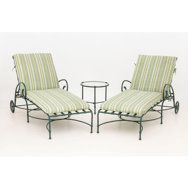Richard Frinier for Brown Jordan Green Painted Aluminum Three-Piece Patio Furniture Set, comprising: two adjustable...