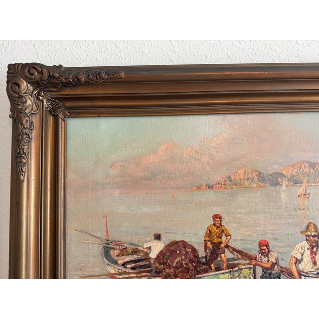 Early 20th Century Giuseppe Giardiello (Italia 1870-1920) Antique Oil Painting Fishermen Seascape For Sale - Image 4 of 12