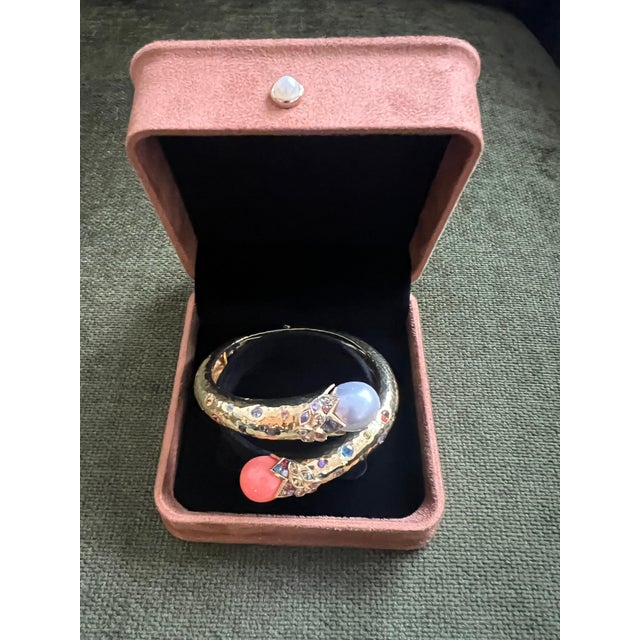 Bochic “Orient” Sapphire, Coral & South Sea Pearl Bangle Set 18K & Silver For Sale - Image 10 of 12