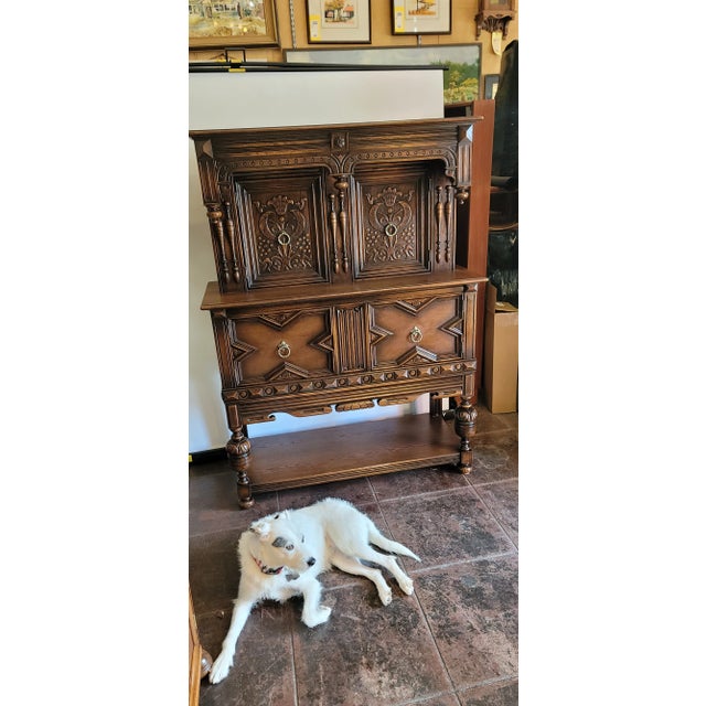 Antique 1920's Jacobean Revival Cocktail Cabinet Spanish Revival Tudor Oak Sideboard For Sale - Image 12 of 13