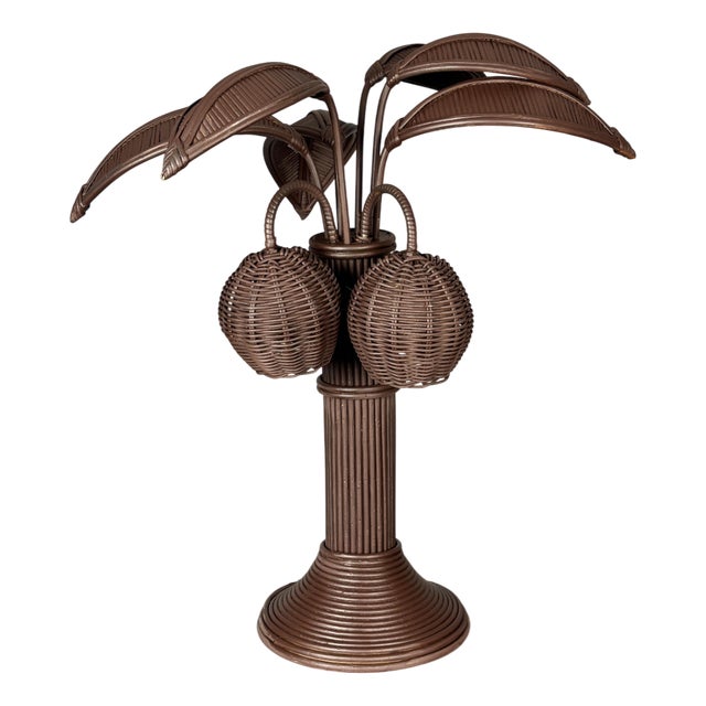 Pencil Reed Rattan Palm Tree Table Lamp in the style of Mario Lopez Torres, 1970s For Sale