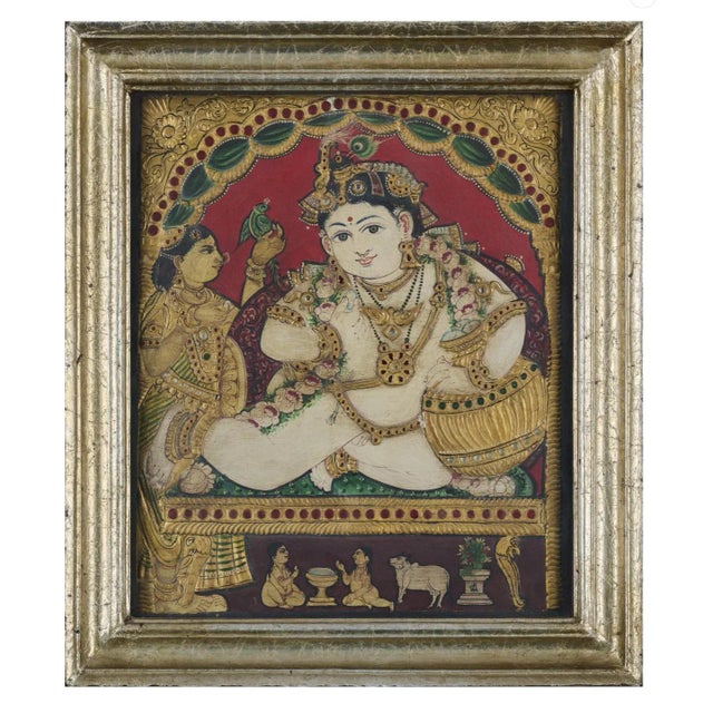 19th Century Tanjore Painting Balakrishna Antique Late Thanjavur India Indian Frame Gilt Wood For Sale - Image 9 of 9