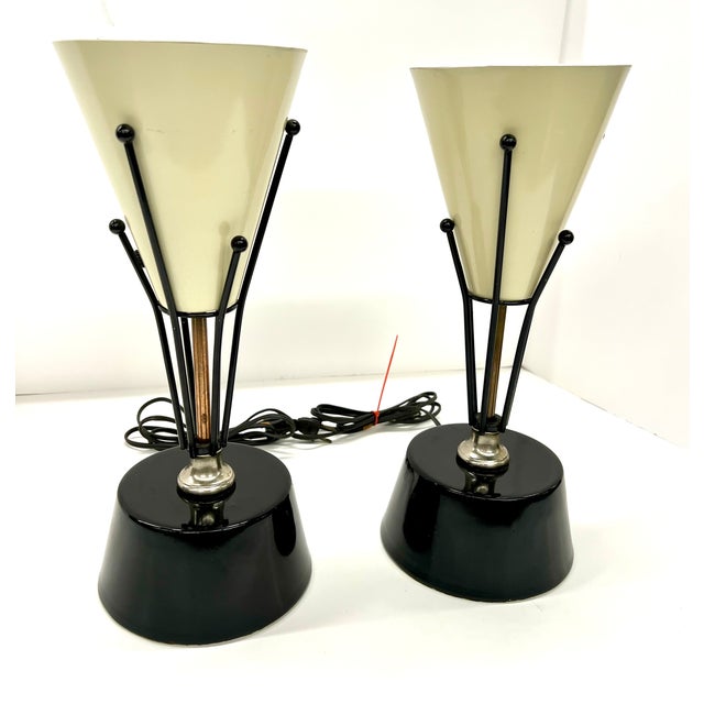 Black 1950s Pair of Vintage Mid-Century Modern Atomic Torchiere Table Lamps – Black & Brass – Cream Cone Shades For Sale - Image 8 of 11