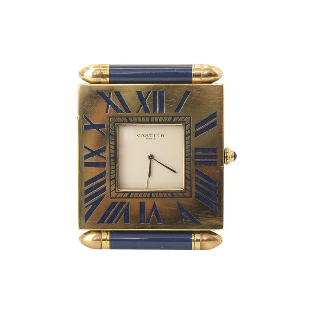 Metal Folding Quartz Movement Alarm Clock in Gilt Metal and Blue Enamel from Cartier, 1980s, Set of 2 For Sale - Image 7 of 14