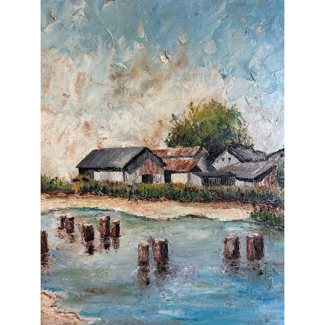 1950s Vintage 1959 Impressionist Oil Painting of a Coastal Beach Village in Carved Wood Frame For Sale - Image 5 of 8