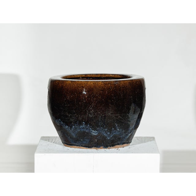 Vintage Brown and Blue Glazed Chinese Stoneware Planter with Rounded Lip For Sale - Image 4 of 18