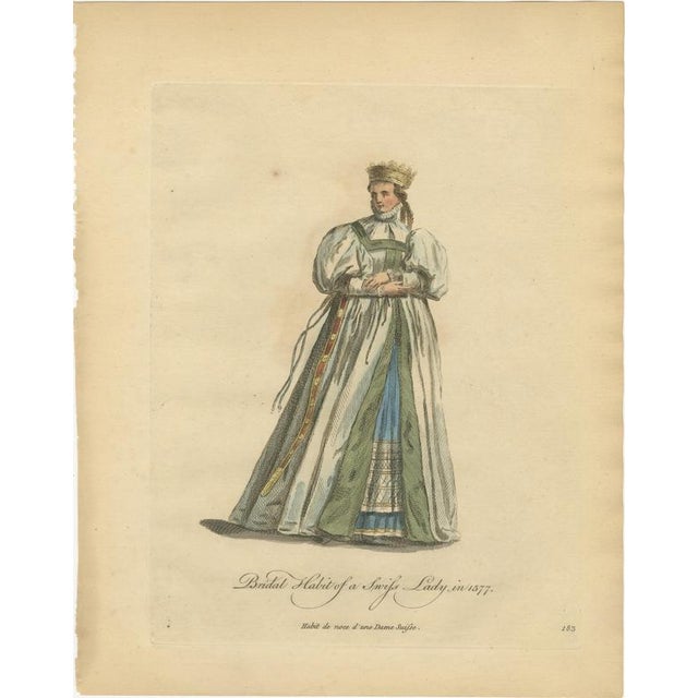 Jefferys, Bridal Habit of a Swiss Lady in 1577, Hand Colored Jefferys Costume Plate, 1757, Engraving For Sale - Image 3 of 9