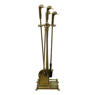 Vintage Brass Duck Goose Mallard Head Hearthware Fireplace Tool Set 32" For Sale