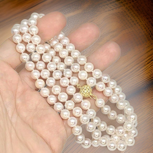 1990s Diamond Akoya Pearl Necklace 14k Gold 8 Mm 36 in Certified For Sale - Image 10 of 11