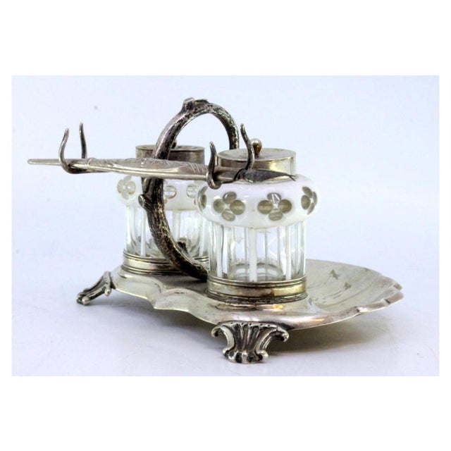 Silver and Glass Inkwell Shape of Shell with Reliefs and Applications, Two Glass Tanks and Pen Holder For Sale - Image 3 of 8
