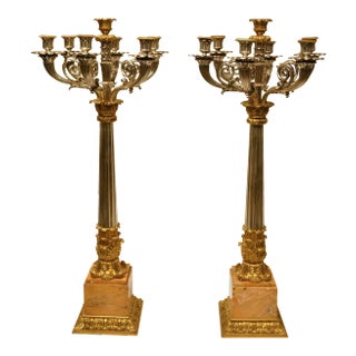 Empire Style Silvered and Gilt Bronze Candelabra with Marble Bases - A Pair For Sale