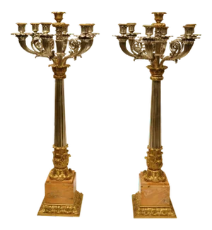 Empire Style Silvered and Gilt Bronze Candelabra with Marble Bases - A Pair