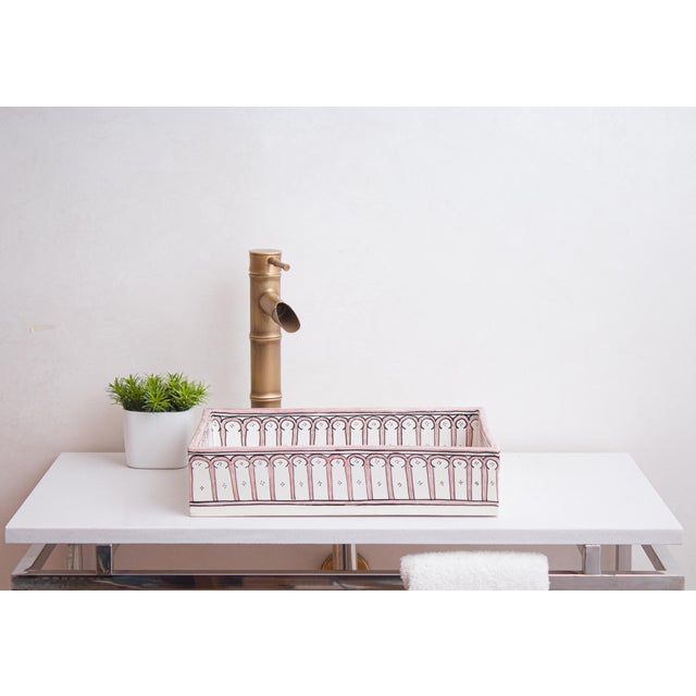 Ceramic Custom Made Mini Rectangular Pink Bathroom Sink, Handmade Washbasin, Hand-Painted Vessel Sink For Sale - Image 7 of 10