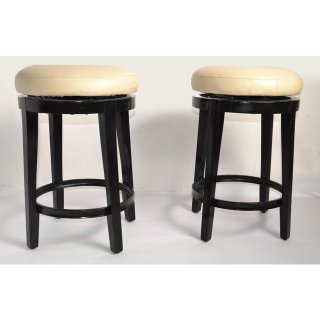 Pair, Vintage Swivel 24 Inch Kitchen Stools Black Wood Tan-Beige Faux Leather Seats For Sale In Miami - Image 6 of 16