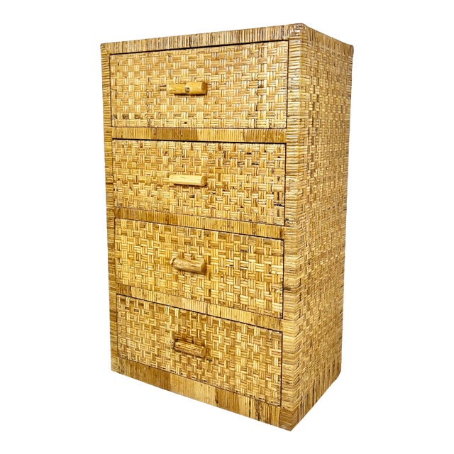 Vintage Woven Caning Wrapped Rattan Tall Dresser For Sale