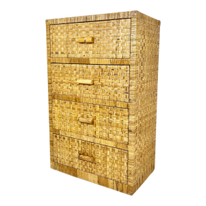 Vintage Woven Caning Wrapped Rattan Tall Dresser