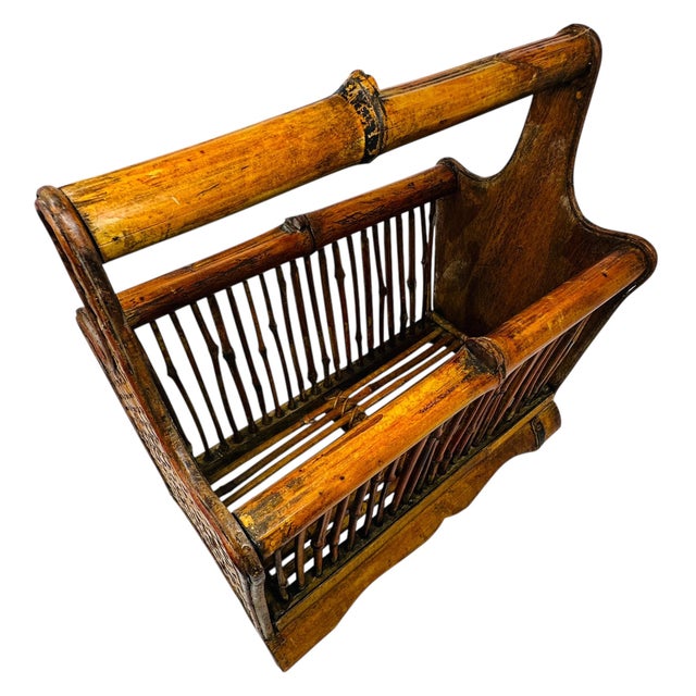 Mid-Century Modern Vintage 80s Bamboo & Rattan Magazine Rack | Mid-Century Boho Decor | Record Holder | Natural Wood Storage Basket For Sale - Image 3 of 13