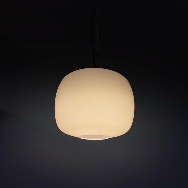 Italian Pendant Lamp in Opaline Glass, Brass and Black Metal, 1950s For Sale - Image 4 of 16