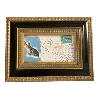 Contemporary Original Judy Henn Abstract Ink Drawing/Collage “First Day as a Blowfish “ Framed For Sale