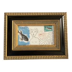 Contemporary Original Judy Henn Abstract Ink Drawing/Collage “First Day as a Blowfish “ Framed
